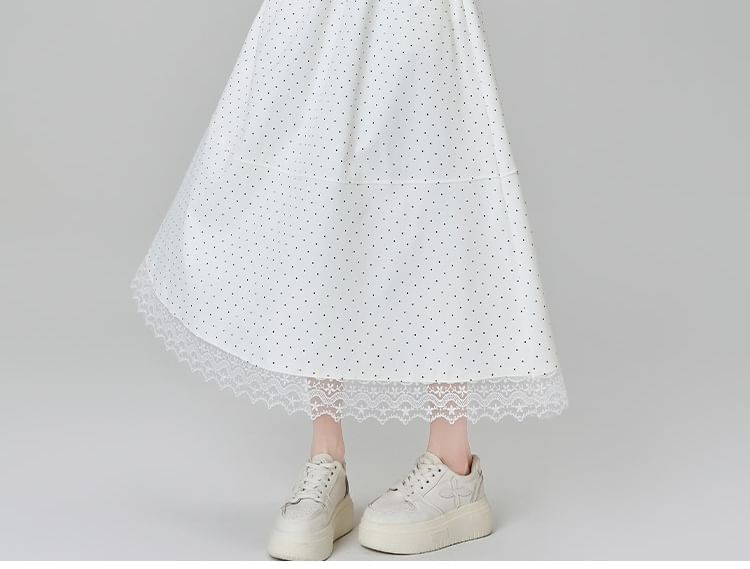 A-Line High Skirt Dotted Midi Lace Waist Panel