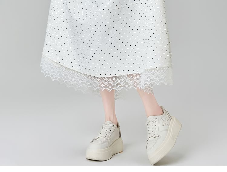 A-Line High Skirt Dotted Midi Lace Waist Panel