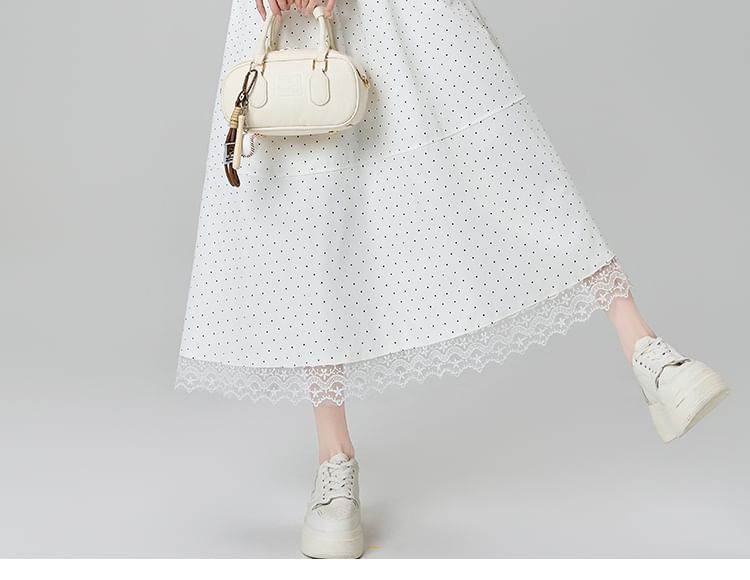 A-Line High Skirt Dotted Midi Lace Waist Panel