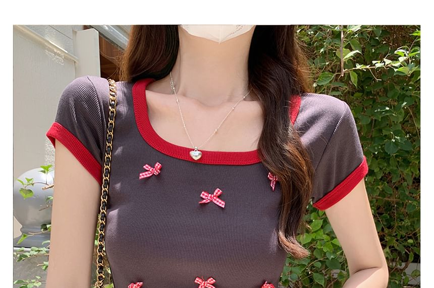 Bow Neck Accent Scoop T-Shirt Trim Short-Sleeve Contrast Crop