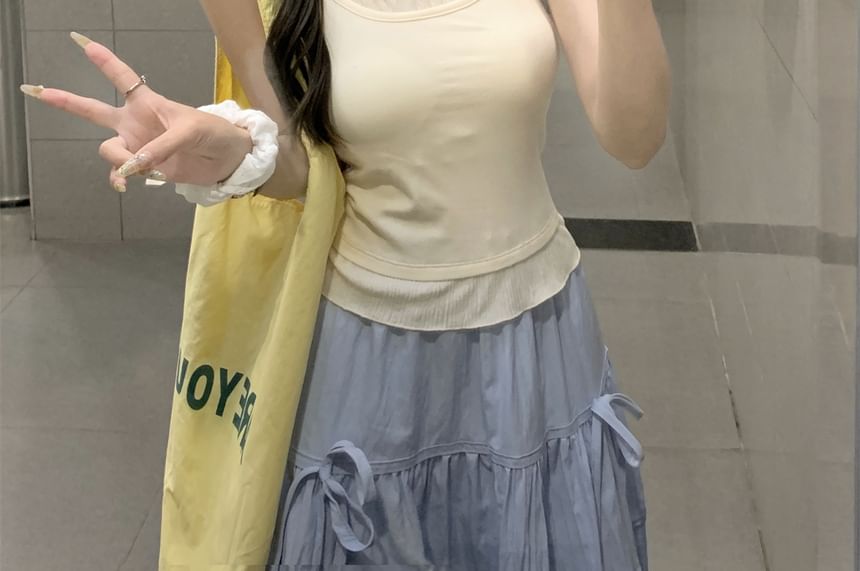 Edge Lettuce Scoop Neck Two Crop Mock Top Two-Piece Camisole Tone