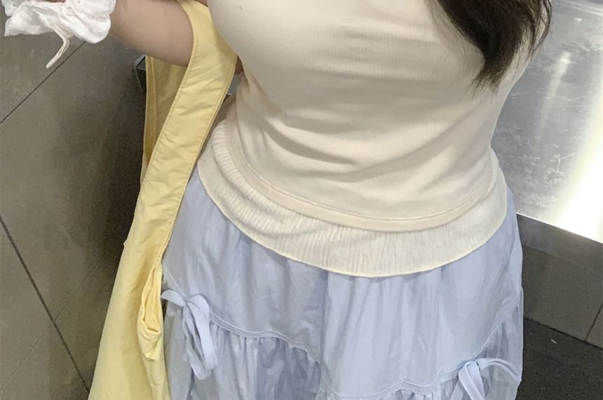 Edge Lettuce Scoop Neck Two Crop Mock Top Two-Piece Camisole Tone