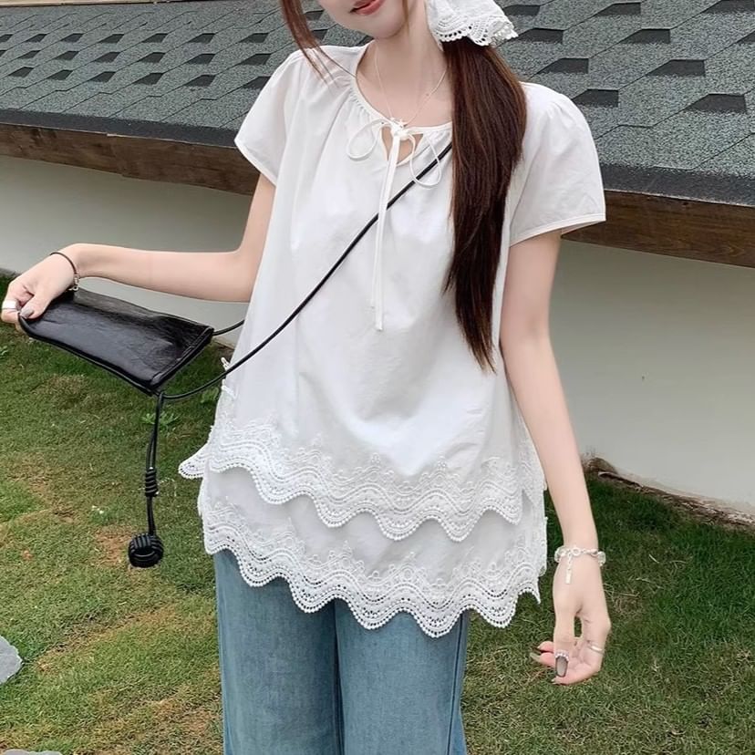 Blouse Panel Short-Sleeve Tie Layered Front Lace Notch Plain Neck