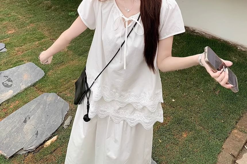 Blouse Panel Short-Sleeve Tie Layered Front Lace Notch Plain Neck