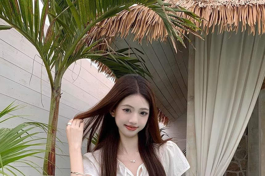 Blouse Panel Short-Sleeve Tie Layered Front Lace Notch Plain Neck