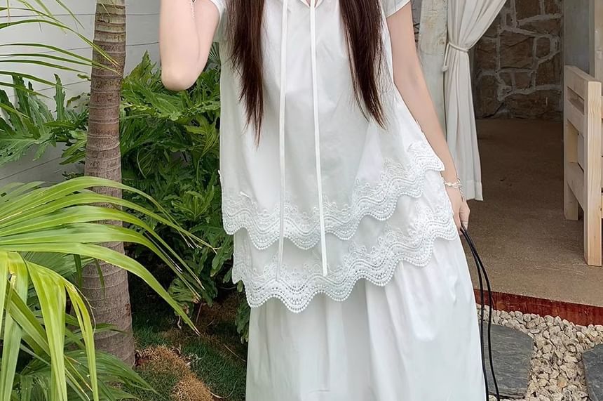 Blouse Panel Short-Sleeve Tie Layered Front Lace Notch Plain Neck