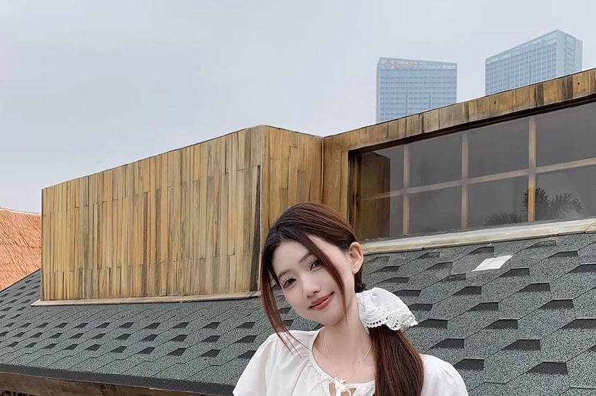 Blouse Panel Short-Sleeve Tie Layered Front Lace Notch Plain Neck