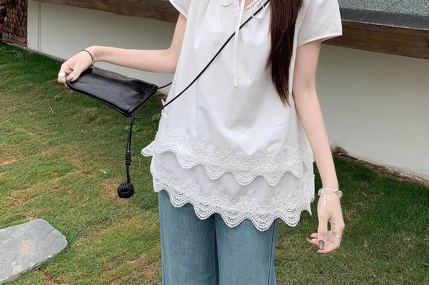 Blouse Panel Short-Sleeve Tie Layered Front Lace Notch Plain Neck