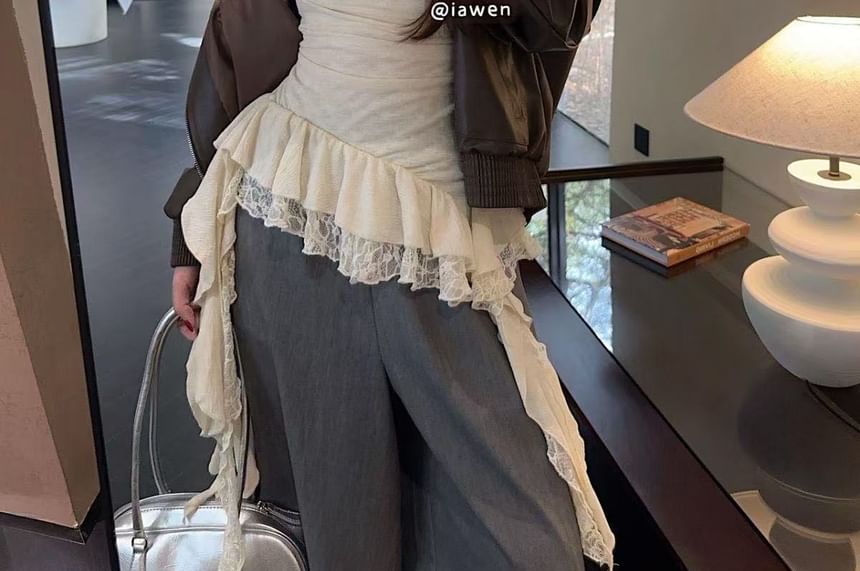 Hem Top Panel Lace Ruffle Cowl Asymmetrical Camisole Neck