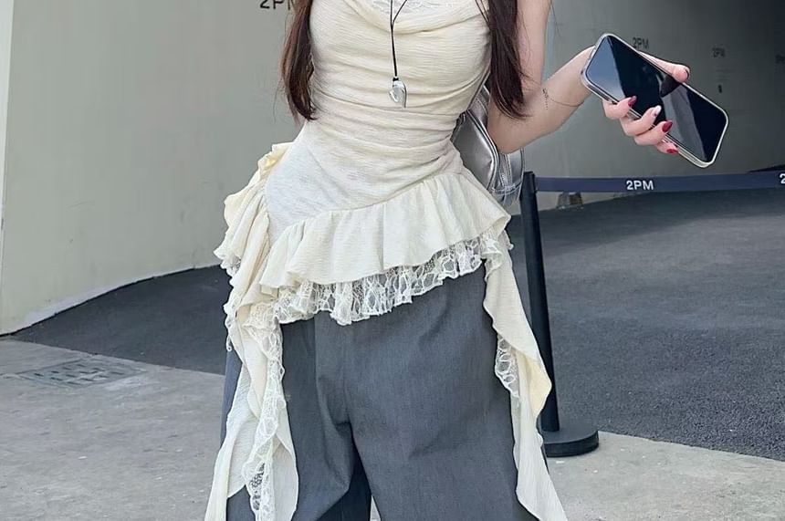 Hem Top Panel Lace Ruffle Cowl Asymmetrical Camisole Neck