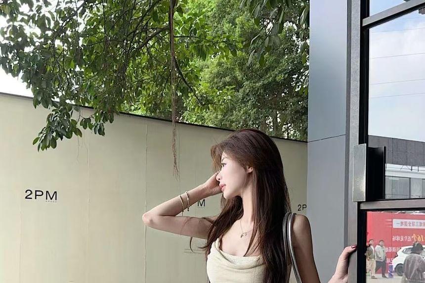 Hem Top Panel Lace Ruffle Cowl Asymmetrical Camisole Neck