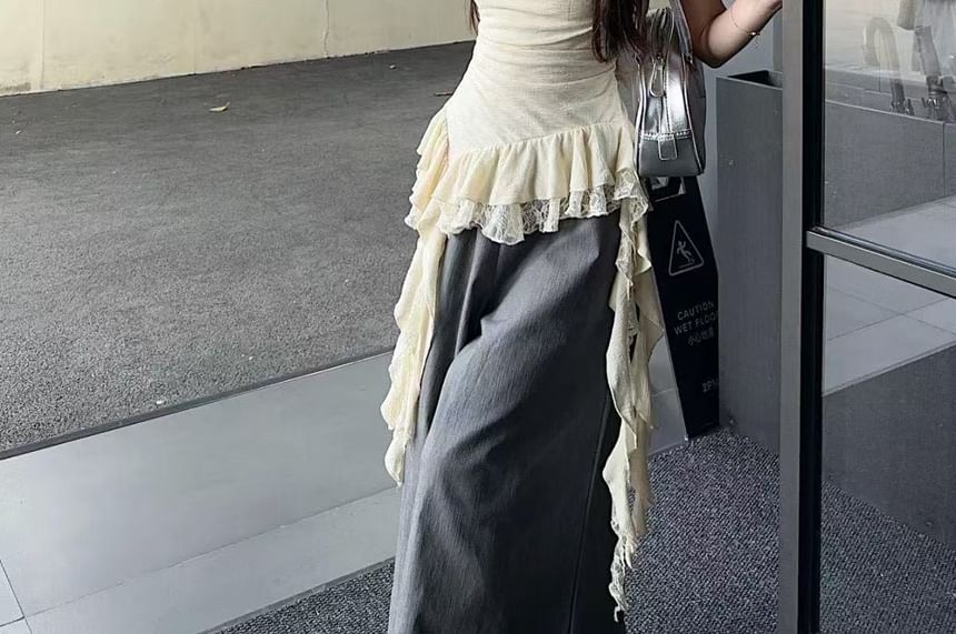 Hem Top Panel Lace Ruffle Cowl Asymmetrical Camisole Neck