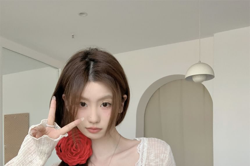 Cardigan Crop Lace Plain Sheer One-Buttoned Trim V-Neck