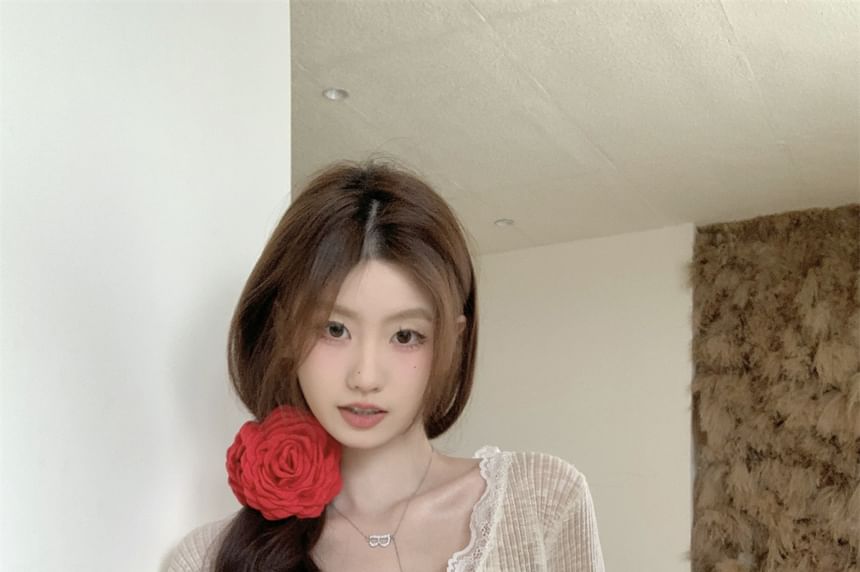 Cardigan Crop Lace Plain Sheer One-Buttoned Trim V-Neck