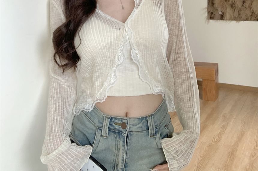 Cardigan Crop Lace Plain Sheer One-Buttoned Trim V-Neck