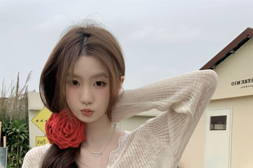 Cardigan Crop Lace Plain Sheer One-Buttoned Trim V-Neck