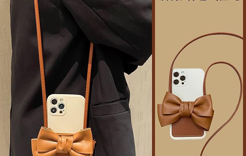 with Case Holder Bow Phone Lanyard Leather Faux Card