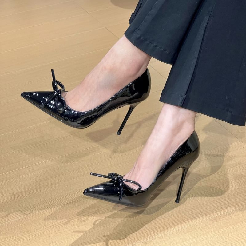 Leather Patent Pointed Bow Pumps Stiletto Toe