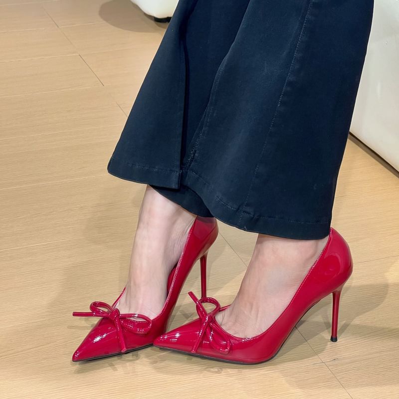 Leather Patent Pointed Bow Pumps Stiletto Toe