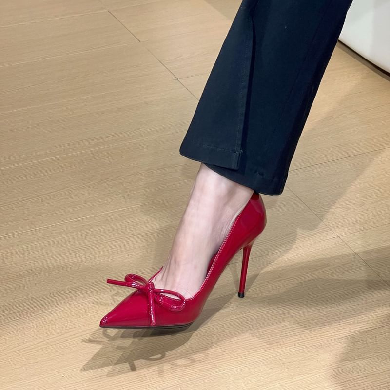 Leather Patent Pointed Bow Pumps Stiletto Toe