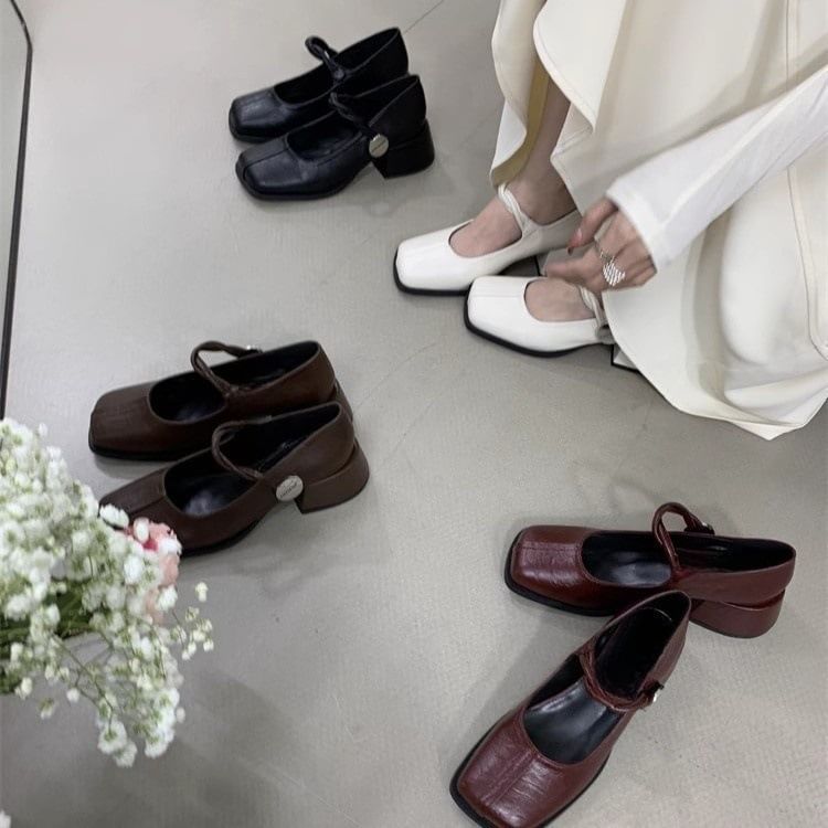 Mary Heel Jane Pumps Block Toe Square