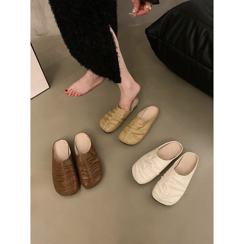 Leather Mules Faux Ruched