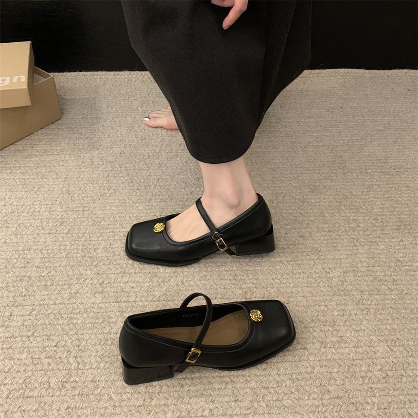 Mary Jane Heel Block Square Toe Pumps