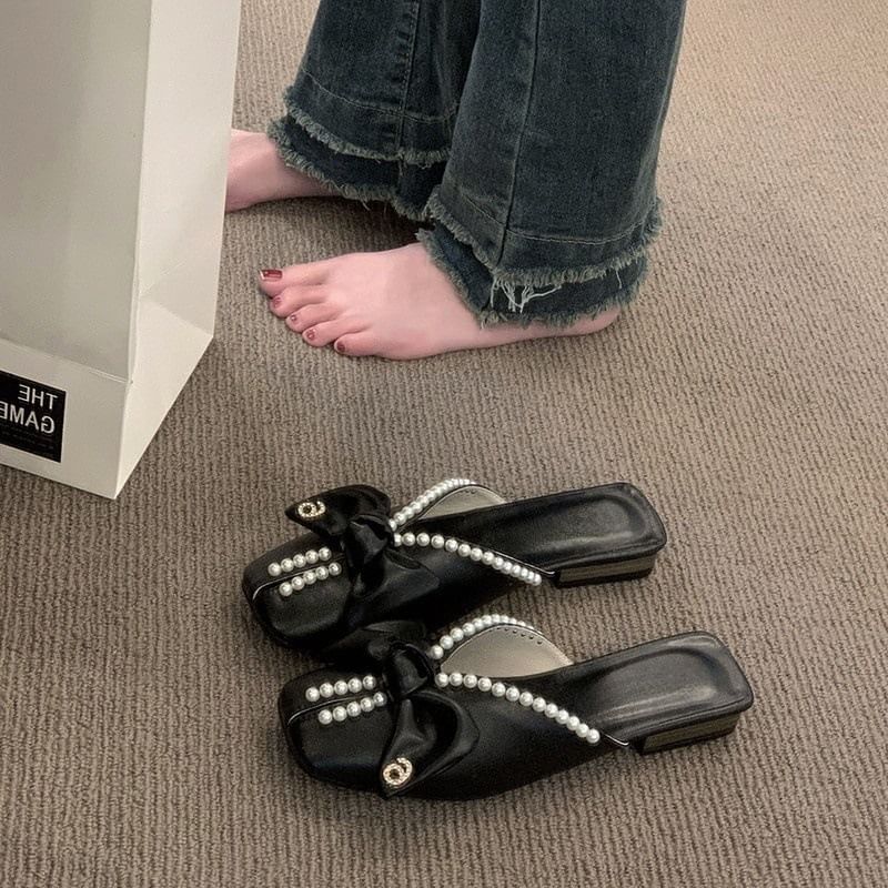Mules Toe Pearl Bow Square Faux