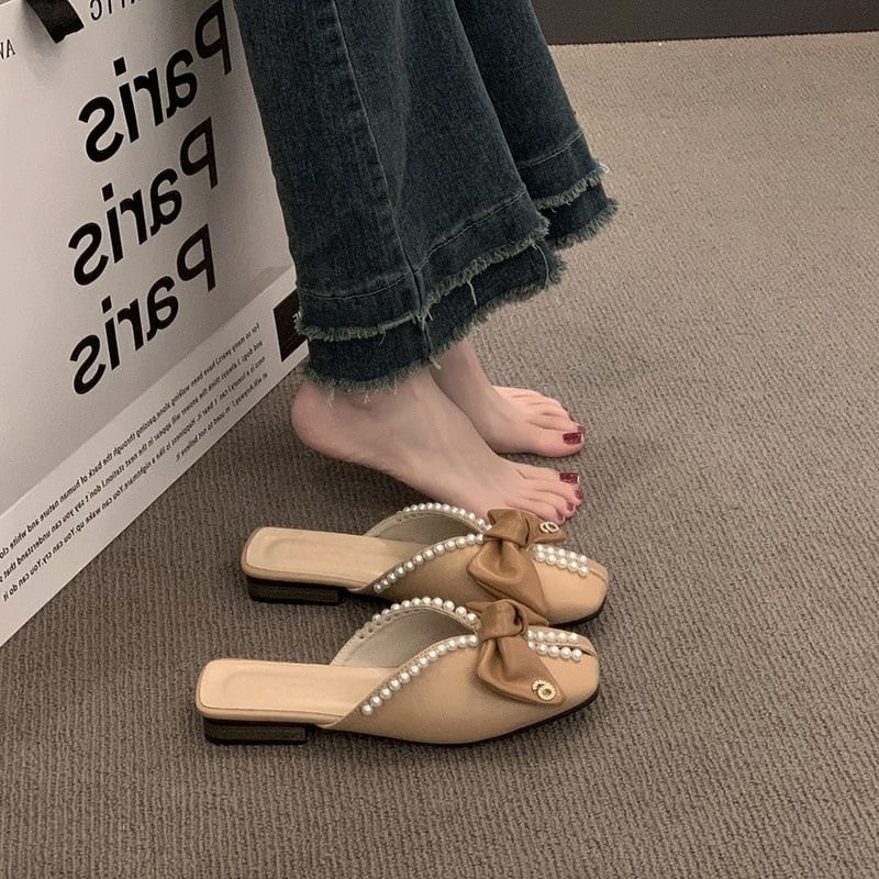 Mules Toe Pearl Bow Square Faux
