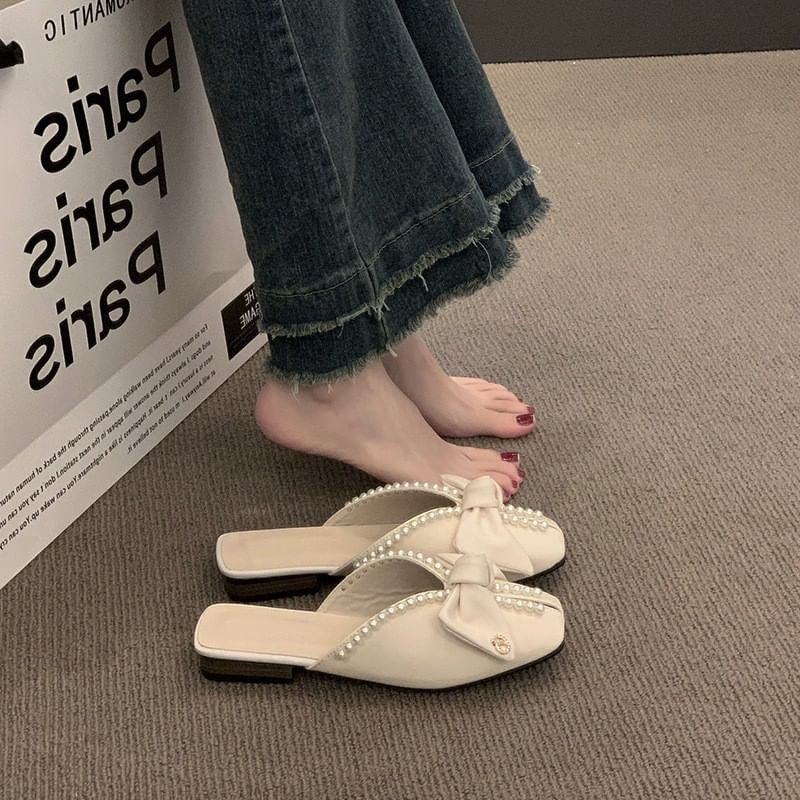 Mules Toe Pearl Bow Square Faux