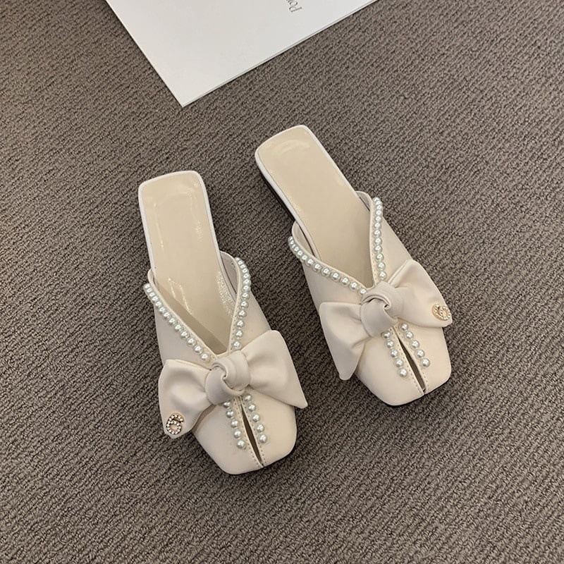 Mules Toe Pearl Bow Square Faux