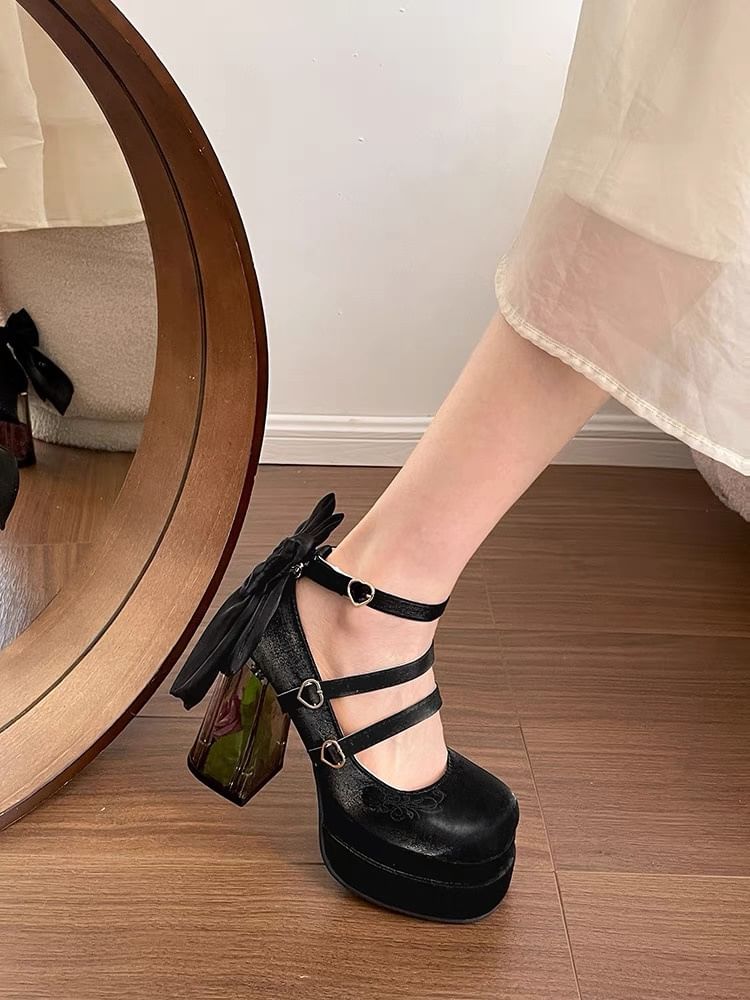 Mary Bow Heel Block Floral Pumps Platform Jane