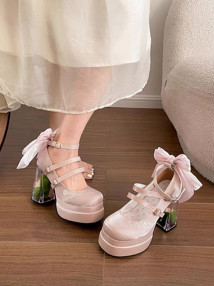 Mary Bow Heel Block Floral Pumps Platform Jane