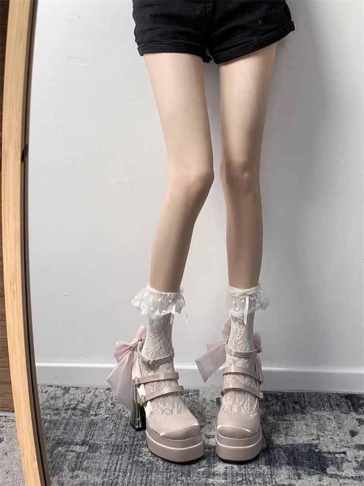 Mary Bow Heel Block Floral Pumps Platform Jane