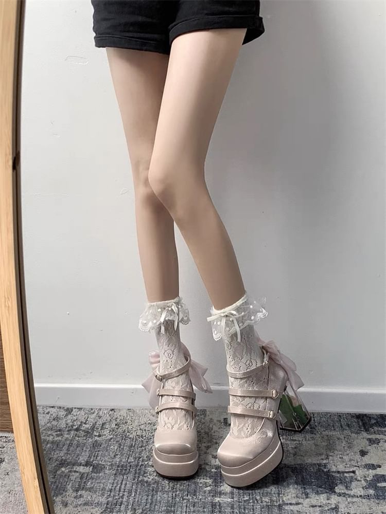 Mary Bow Heel Block Floral Pumps Platform Jane