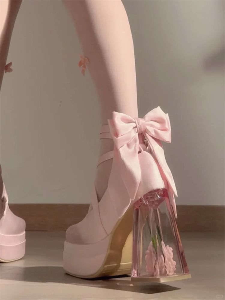 Mary Bow Heel Block Floral Pumps Platform Jane