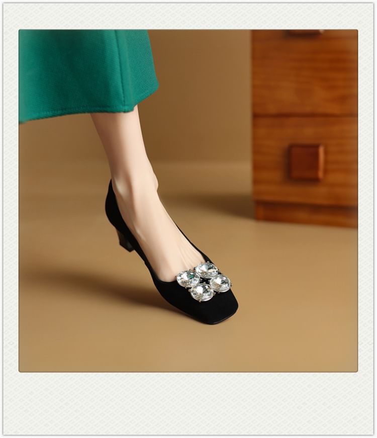 Pumps Toe Square Rhinestone Heel Block