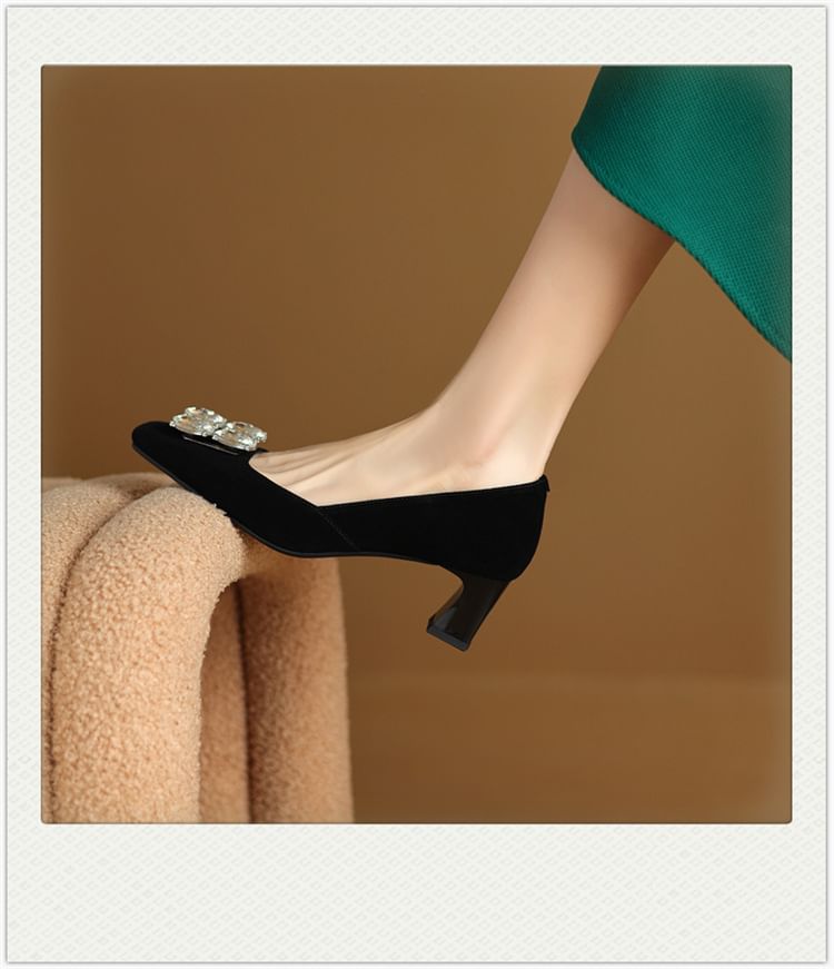 Pumps Toe Square Rhinestone Heel Block