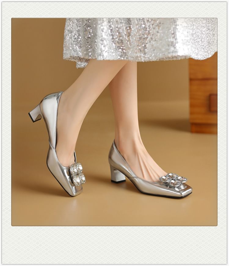Pumps Toe Square Rhinestone Heel Block