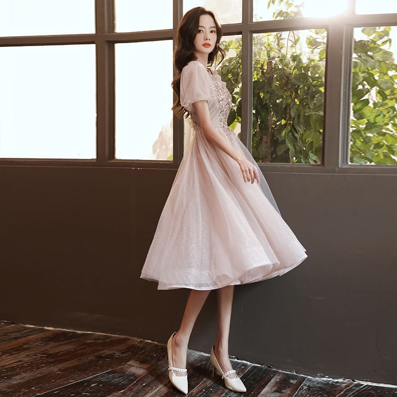 / Sequin Midi Evening A-Line Short-Sleeve Mesh Gown Dress