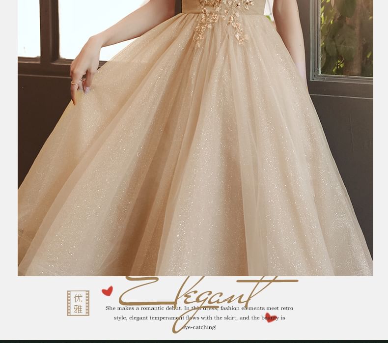 / Sequin Midi Evening A-Line Short-Sleeve Mesh Gown Dress