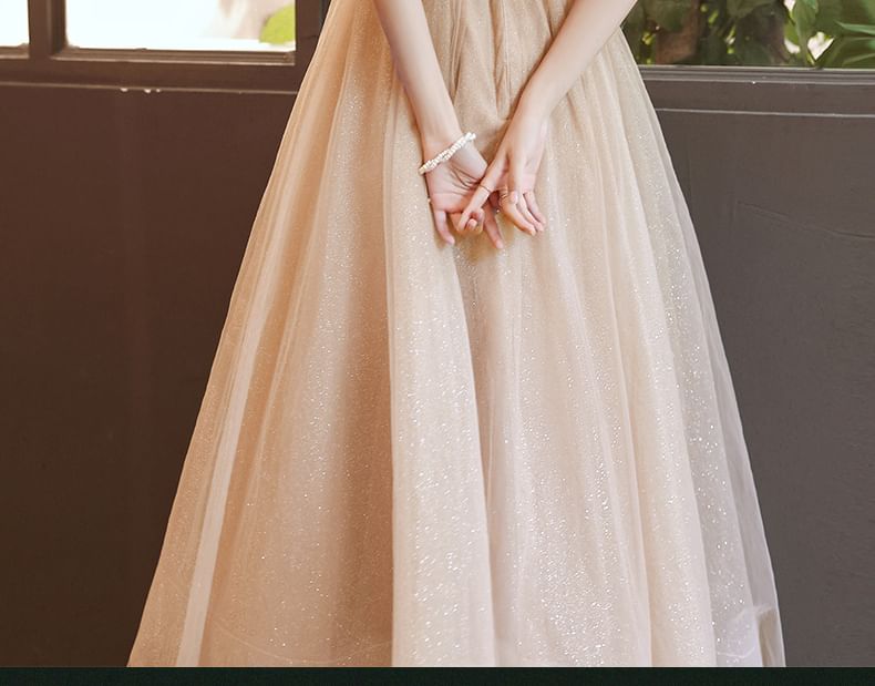 / Sequin Midi Evening A-Line Short-Sleeve Mesh Gown Dress