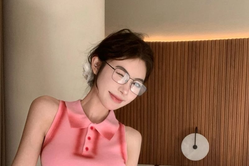 Tank Trim Top Crop Fit Collar Slim Contrast Henley