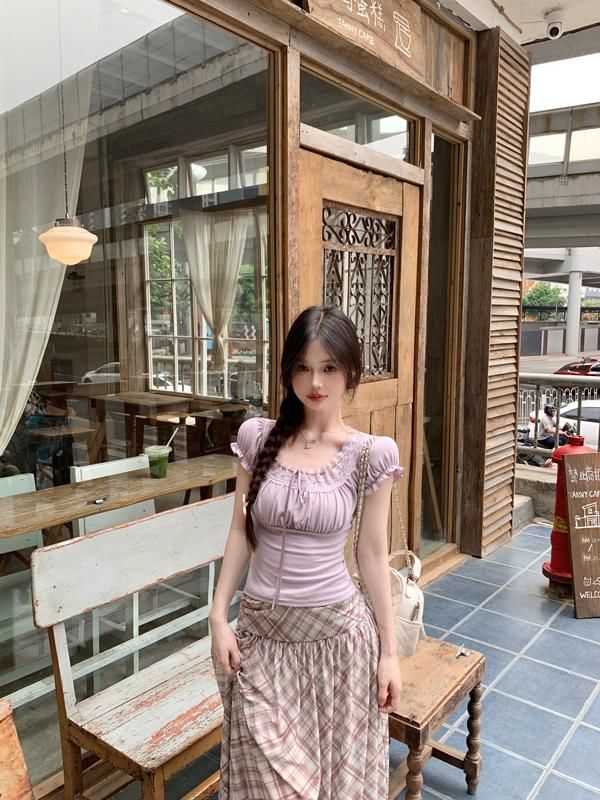 Plain Fit Square Tee Trim Neck Short-Sleeve Lace Bow Slim