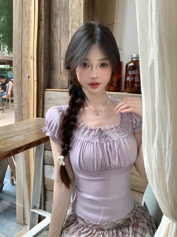 Plain Fit Square Tee Trim Neck Short-Sleeve Lace Bow Slim