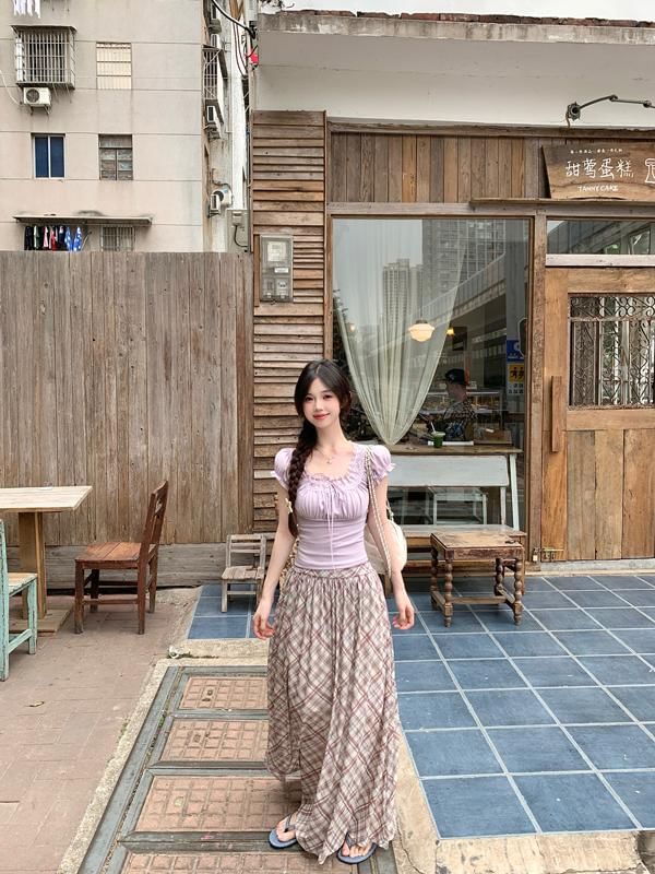 Plain Fit Square Tee Trim Neck Short-Sleeve Lace Bow Slim