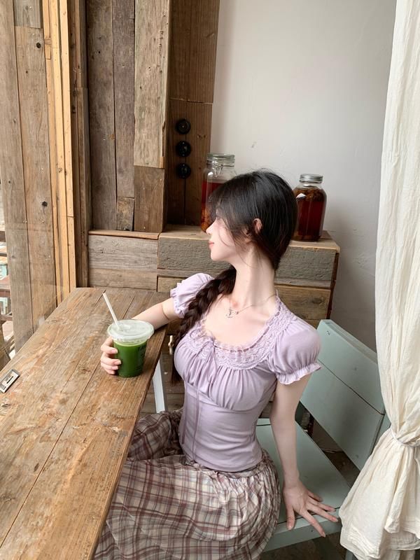 Plain Fit Square Tee Trim Neck Short-Sleeve Lace Bow Slim