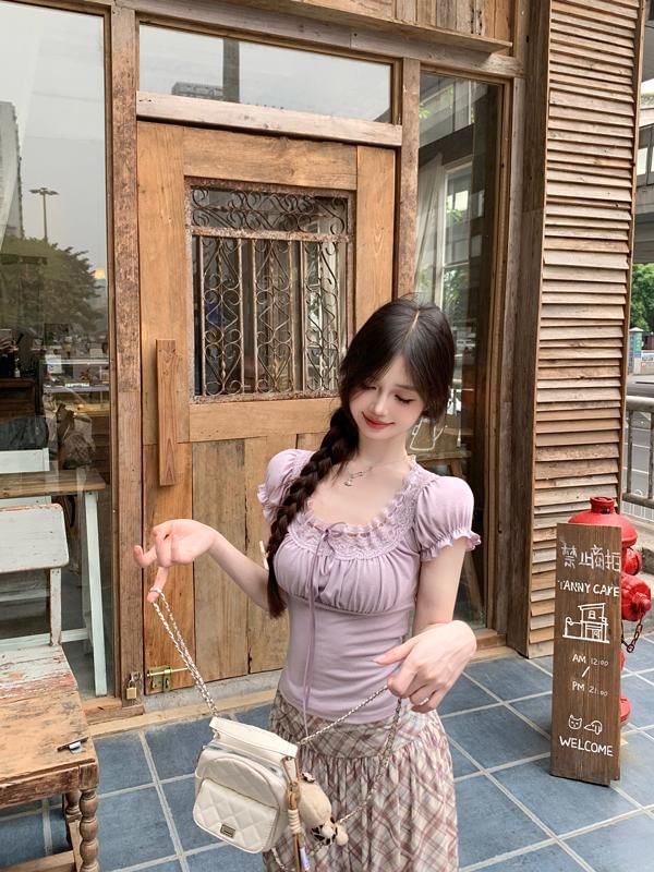 Plain Fit Square Tee Trim Neck Short-Sleeve Lace Bow Slim