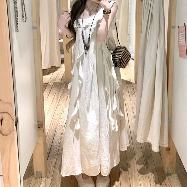 Sleeveless A-Line Asymmetrical Trim Ruffle Plain Dress Midi