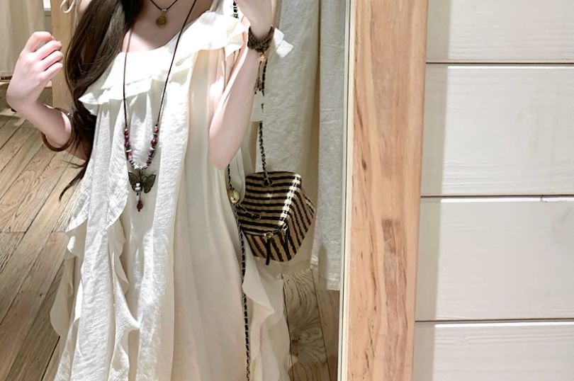 Sleeveless A-Line Asymmetrical Trim Ruffle Plain Dress Midi